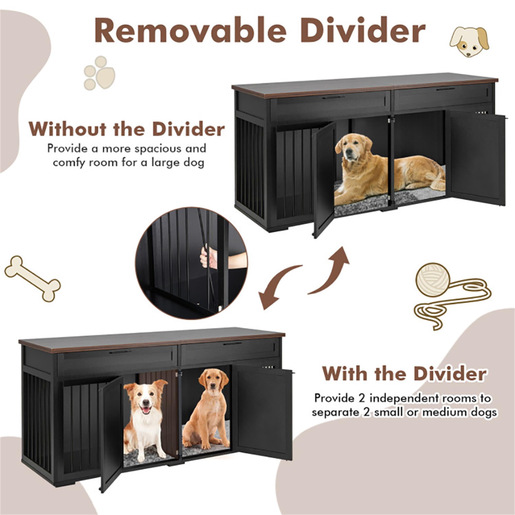 Kadyn 72" Double Door Dog Crate with Partition for Two Puppies, Furniture Style Dog Cages, Indoor Wood Kennel with Room Divider, Black