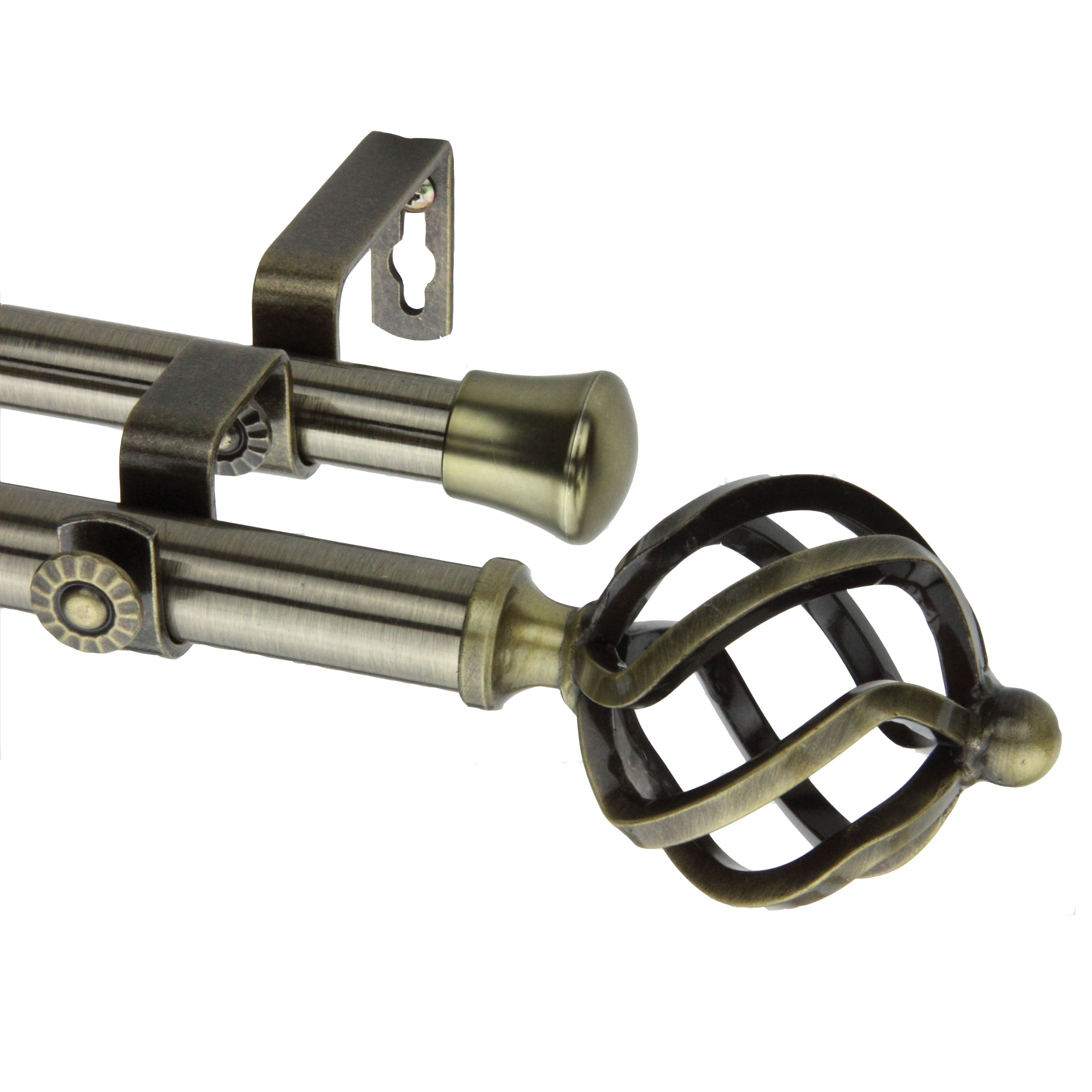 13/16" Dia Adjustable 48-84 inch Double Curtain Rod with Jinx Finials - Antique Brass,(4742-484)