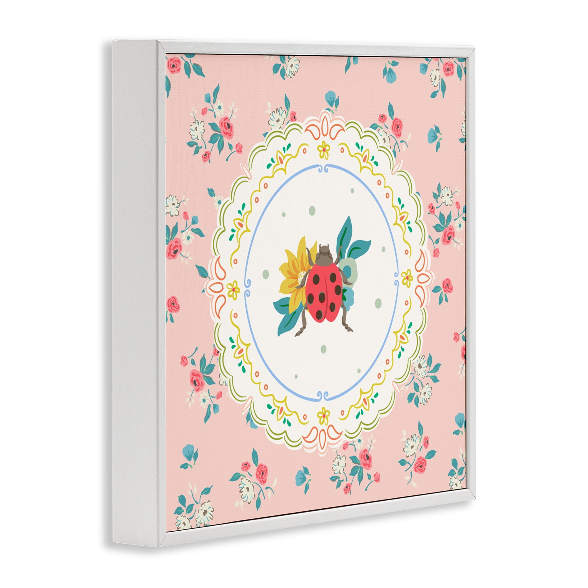 Spring Lady Bug Lace Pattern White Framed Giclee Art, design by Angela Steahling
