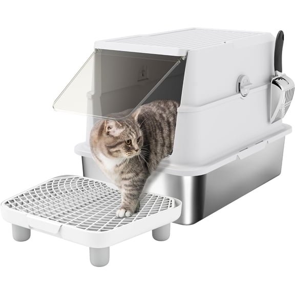 QRKD XL Stainless Steel Cat Litter Box with Lid, Extra Large Enclosed Metal Litter Box for Big Cats with Scoop, Flip Top, Easy Clean & No Odors, Non-Sticky