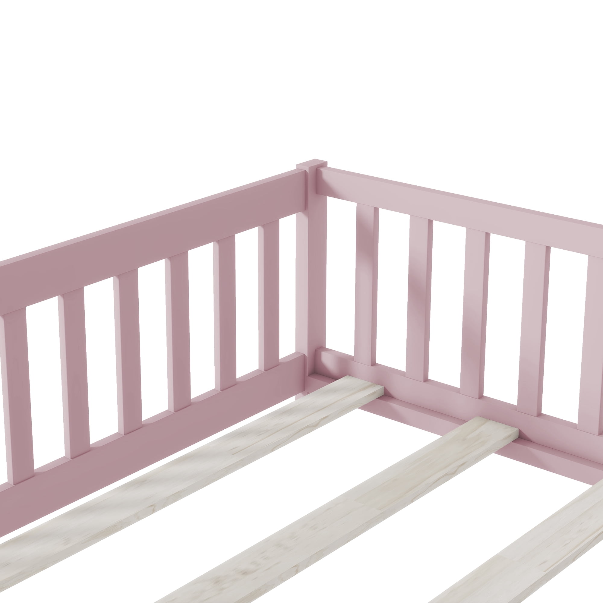 Alvantor Full Size Montessori Floor Bed for Kids with Door and Fence, Rubber Wood Toddler Platform Bed Frame, No Box Spring Needed, Pink