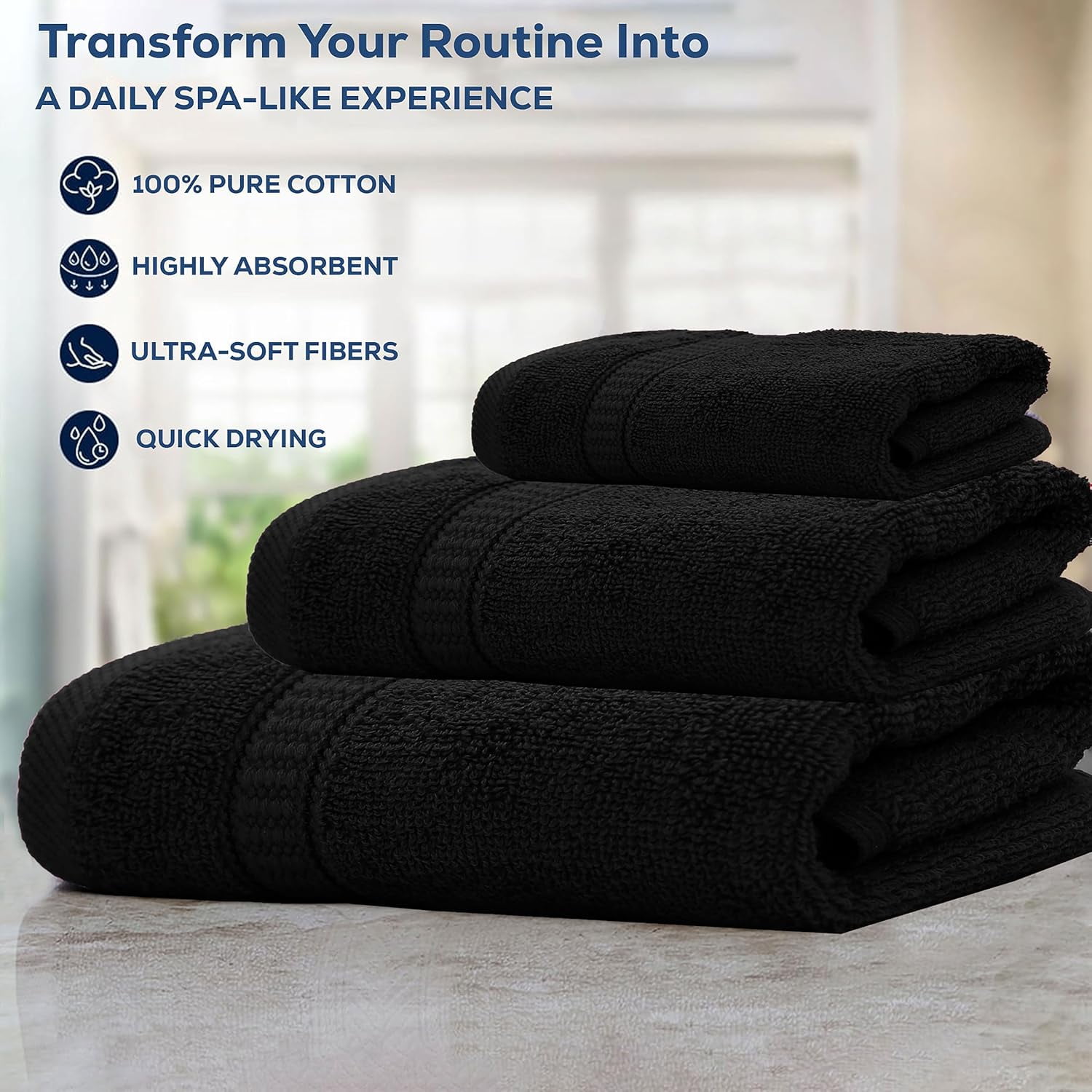 Gold Textiles Luxury 10 Piece Towel Set (Bath Mat 27x54, Hand Towel 16x30, Washcloth 13x13, Bath Mat 22x34) Ultra Plush Absorbent Cotton Towels For Bathroom (Black, 10 Piece Towel Set)
