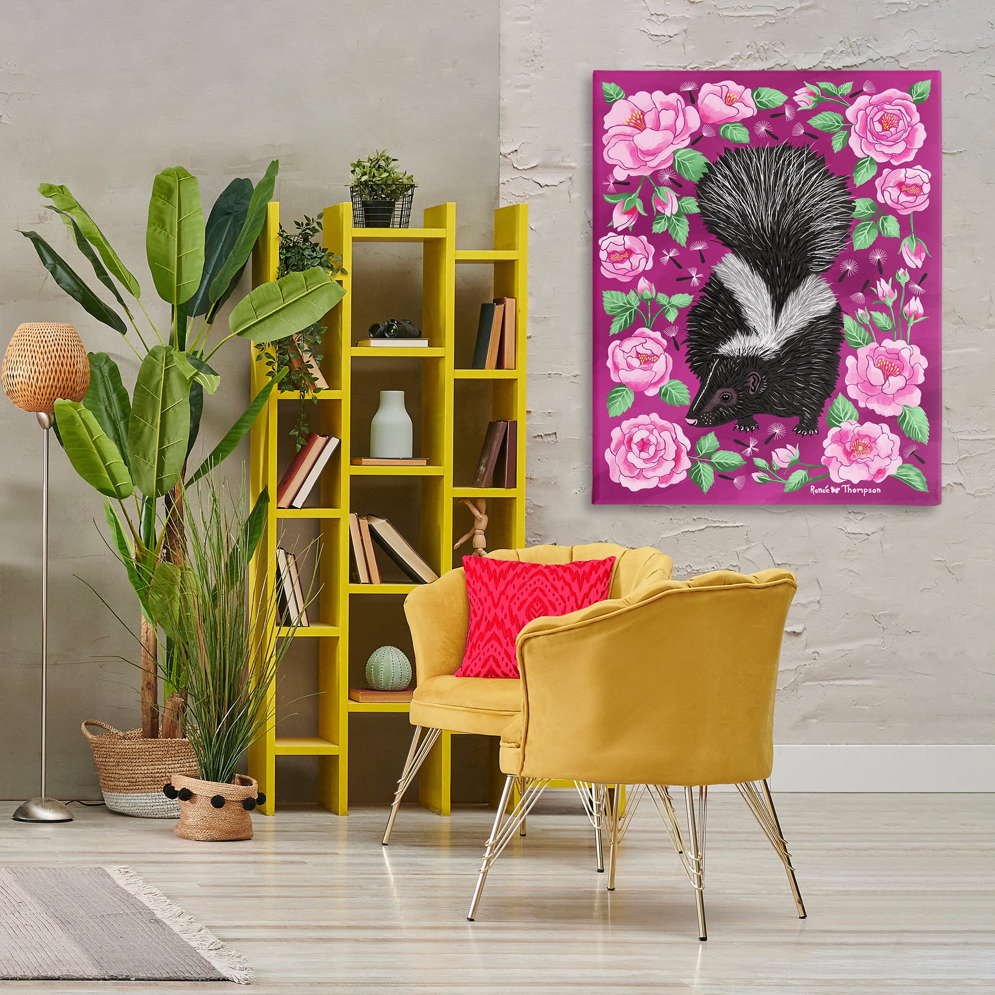 Stupell Industries Skunk & Rose Blossoms Animals Painting Wrapped Canvas Art Print Wall Art, 36 x 48