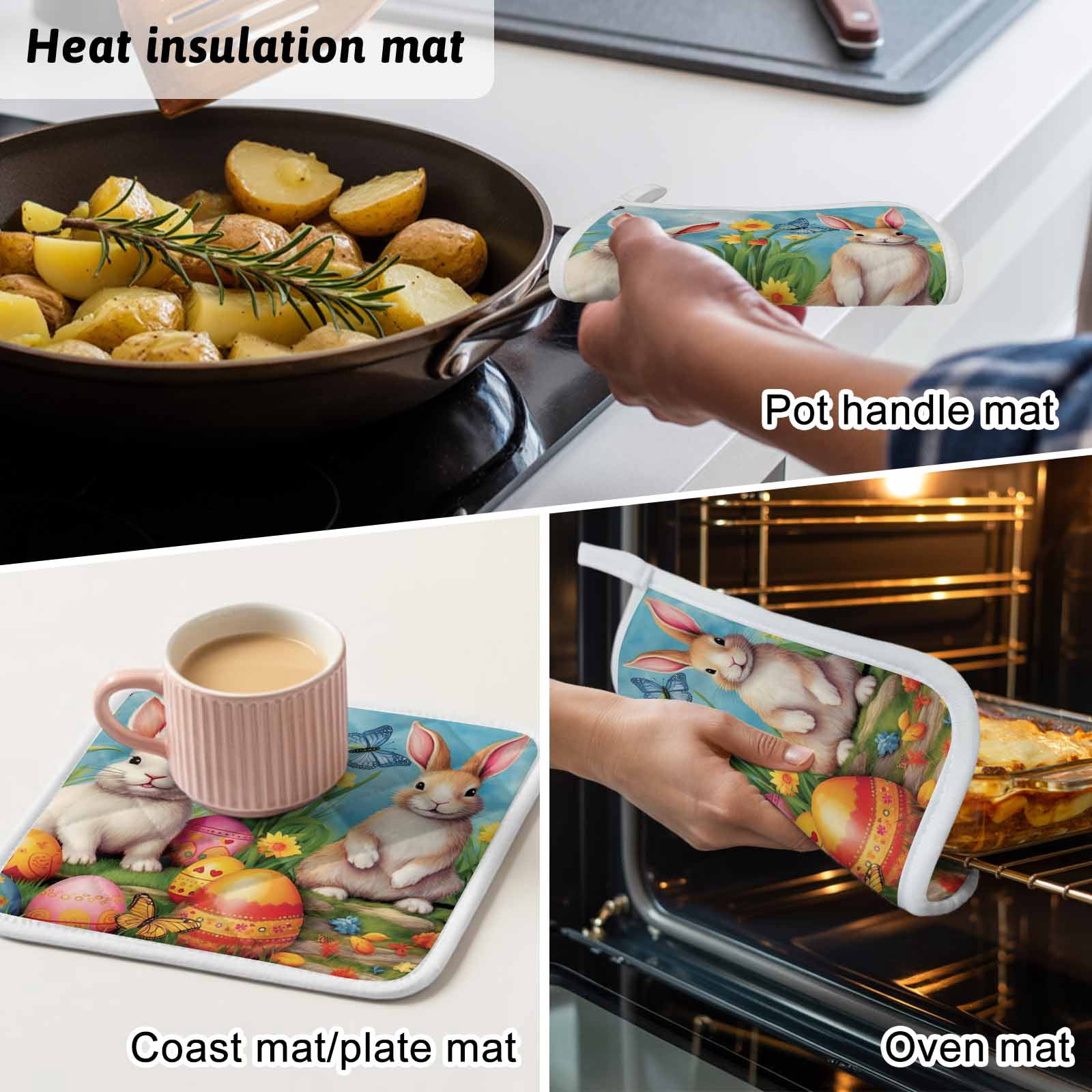 Easter Rabbits, Pot Holders for Kitchen Heatproof Potholder, 3 Pack Easter Bunny Egg Watercolor Floral Hot Pads Multipurpose Oven Pads Cloth Potholders Trivet for Cooking Baking