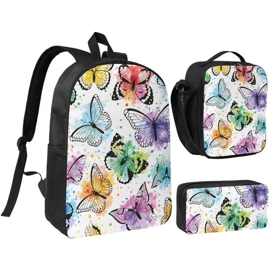 Colorful Butterfly Backpack Set 3pc Including Backpack, Lunch Bag and Pen Bag Combination