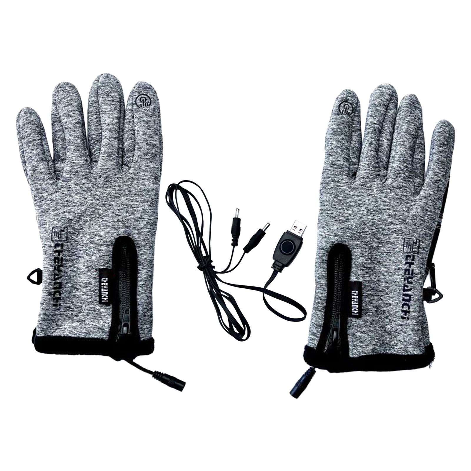 USB Heating Gloves 1 PairTouch Screen Zipper Cuffs Letter Print Fingertip  Opening Winter Adjustable Temperature Fishing Gloves,Grey