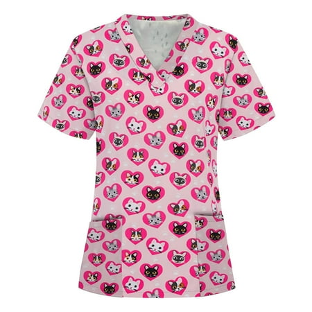 

Valentine s Day Ladies Print Scrub Tops for Women Working Uniform T-Shirts Breathable Pattern V-Neck Scrub Shirt Tee Tops