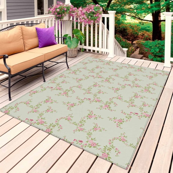 Pink Flowers Outdoor Rug for Patio/Deck/Porch, Non-Slip Large Area Rug 5 x 7 Ft, Pastoral Leaves Retro Botanical Rustic Indoor Outdoor Rugs Washable Area Rugs, Reversible Camping Rug Carpet Runner