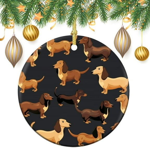 Christmas Ornament Merry Christmas Animal Pet Dog Christmas Tree Ornaments Funny Dachshund Sausage Dog for Boys Girls Round Ceramic Christmas Decoration for Woman Friend Birthday