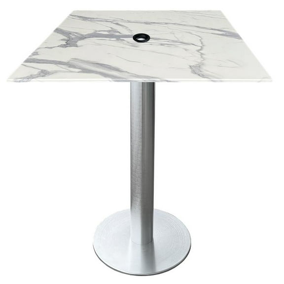 Indoor/Outdoor 36" Tall OD219 Brushed Aluminum Table Base with 18" Diameter foot and 32" x 32" Square Indoor/Outdoor White Marble Top with Umbrella Hole