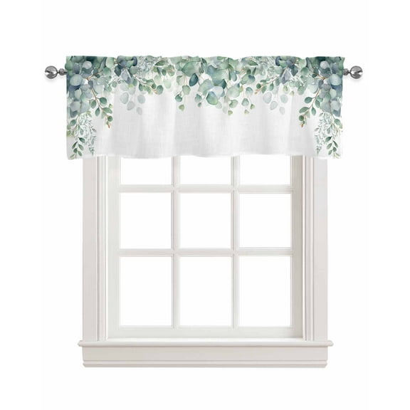 Green White Eucalyptus Linen Curtain Valance for Bedroom/Bathroom/Kitchen/Office/Living/Dining Room Windows, Watercolor Leaves Simple White Rod Pocket Topper Decorative Cafe Drapes Panel 54"x18"