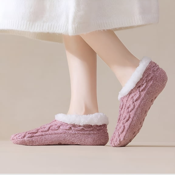 TELOLY Women's Plush Lined Floor Socks, Non-Slip Grip House Socks, Thickened Winter Sleep Socks, Cozy Home Wear Slipper Socks, Soft Warm Anti-Skid Socks for Indoor Use - Pink