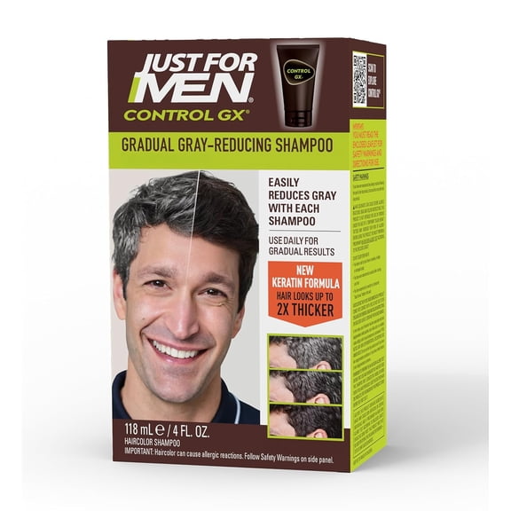Just For Men Control GX Grey Reducing Shampoo 2-Pack - Gradual Hair Color for Stronger Healthier Hair, 4 Fl Oz Each