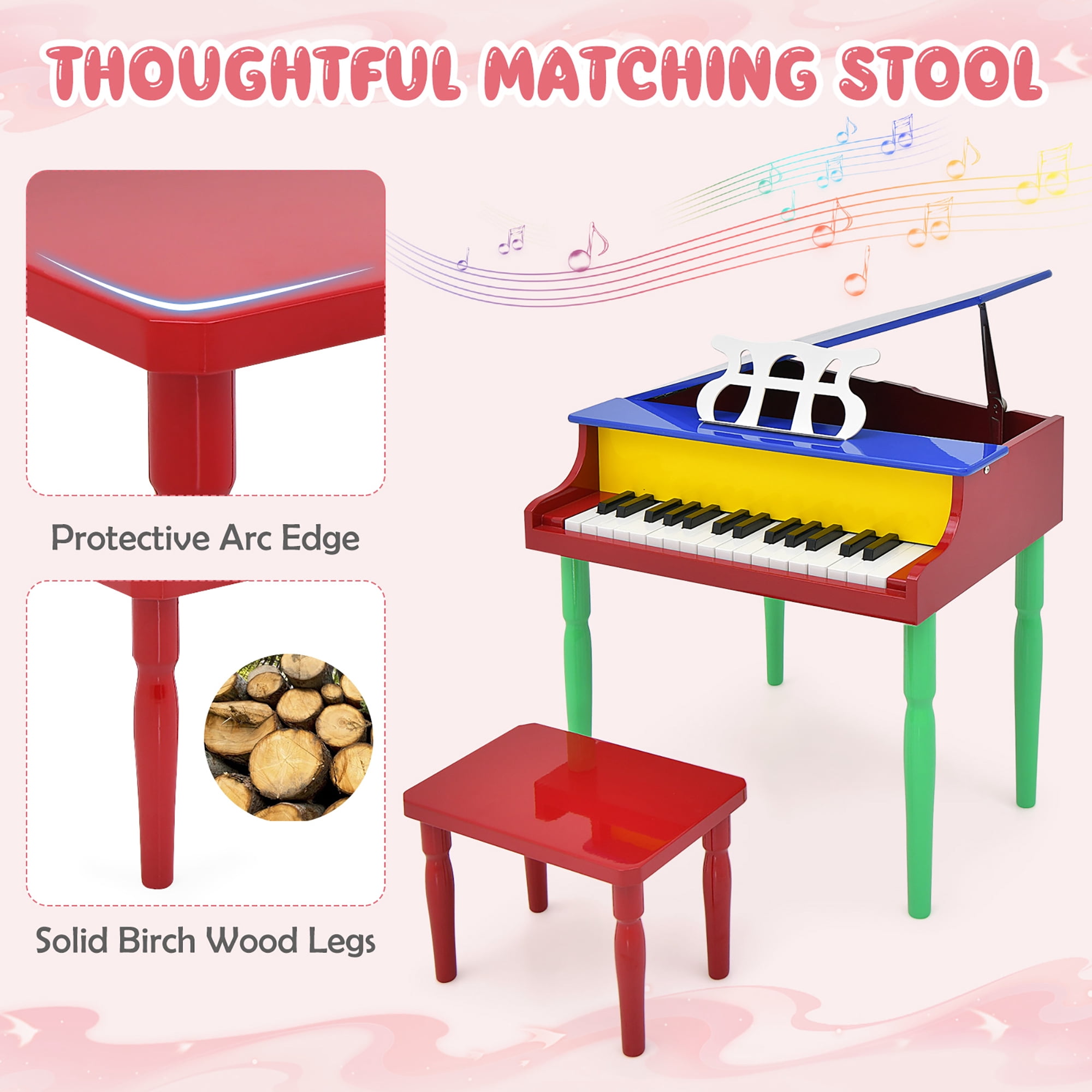 Gymax 30-Key Classic Baby Grand Piano Toddler Toy Wood w/ Bench & Music Rack Colorful