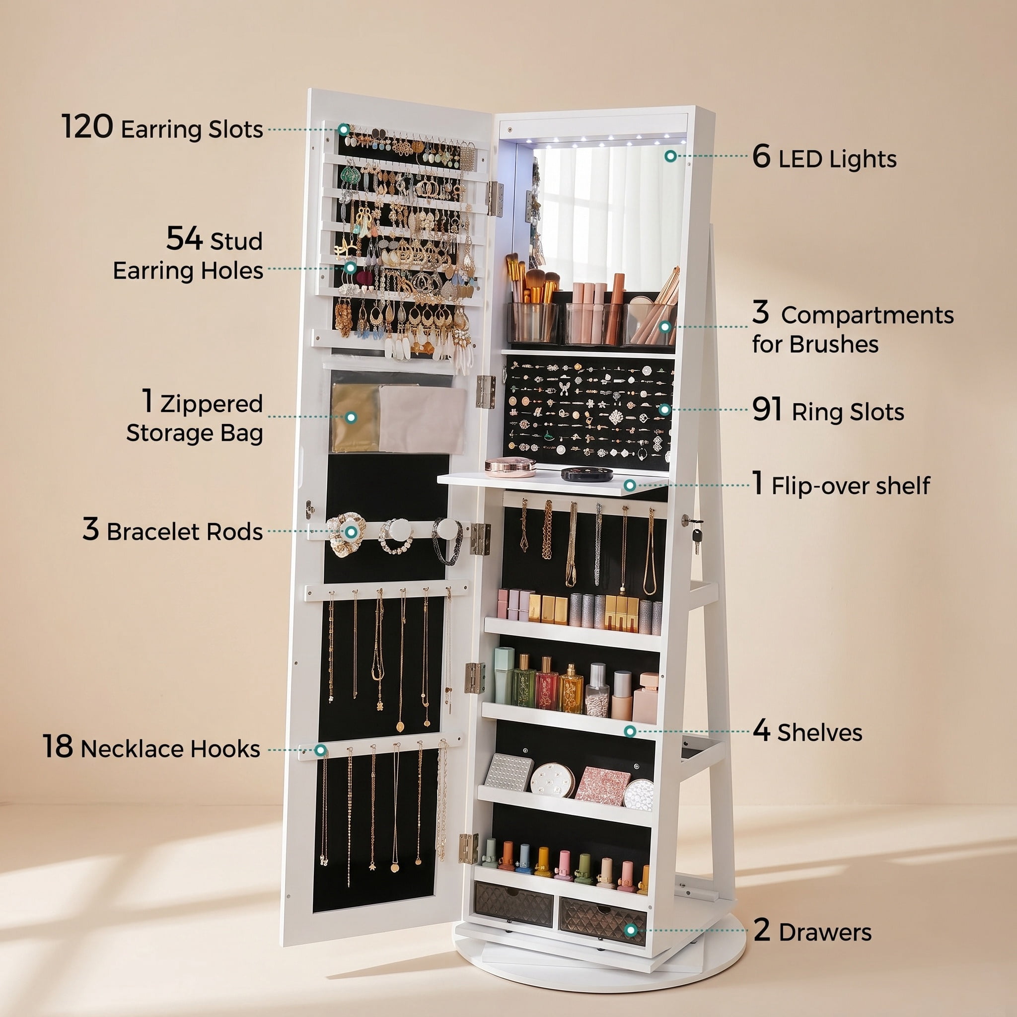 Nordic Hygge 360° Swivel 6-LED Lockable Jewelry Cabinet with Full-Length Mirror – White & Black