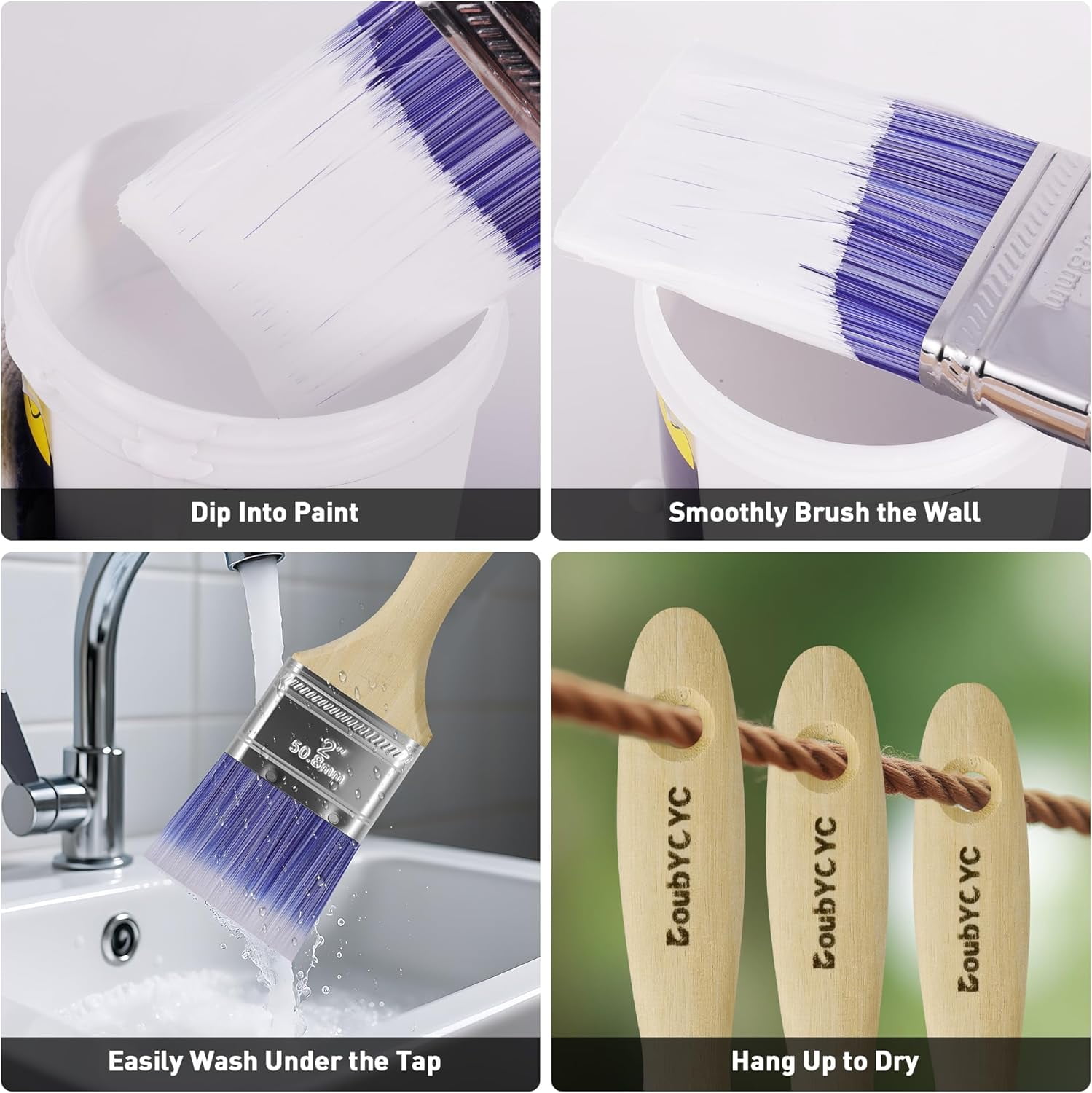 JJEAN-Paint Brushes - 12 Pack, 2" Flat Brushes, Paint Brush Set, Wood Paint Brushes for Walls, Stain & All Oil Paints - Home Improvement - Interior & Exterior Use
