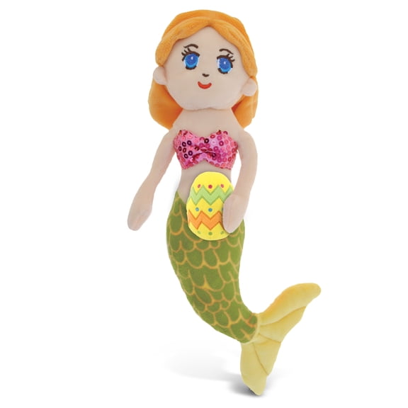 DolliBu Super Soft Green Mermaid with Yellow Easter Egg Plush - Perfect Fantasy Stuffed Animals for Easter Basket, Cute Easter Egg Stuffed Animal Spring Toys for Girls, Boy, Baby - 14 Inches