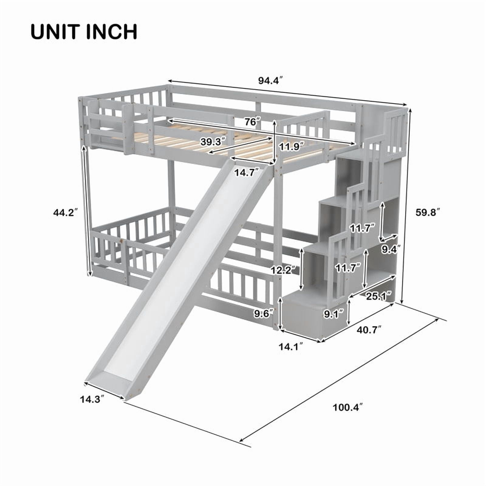 Twin-Over-Twin Bunk Bed with Slide, Storage Staircase & Detachable Rack, Wooden Kids Bed Frame with LED Light & Guardrail