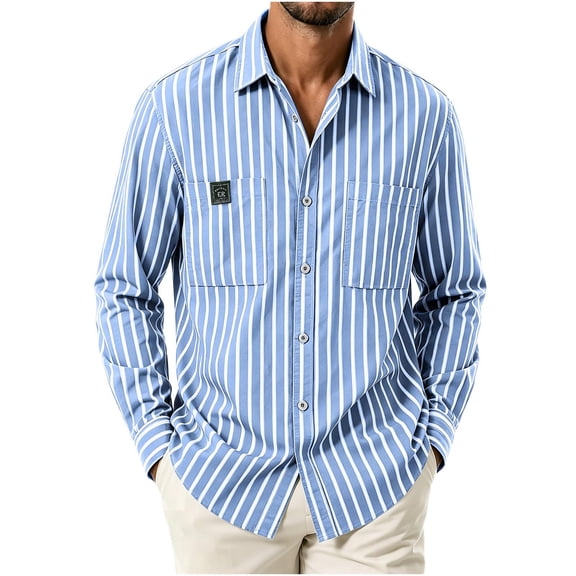 LODIENY Striped Long Sleeve Dress Shirt for Men Button Down Collared Baggy Stylish Work Blouses with Pockets Light Blue XXL