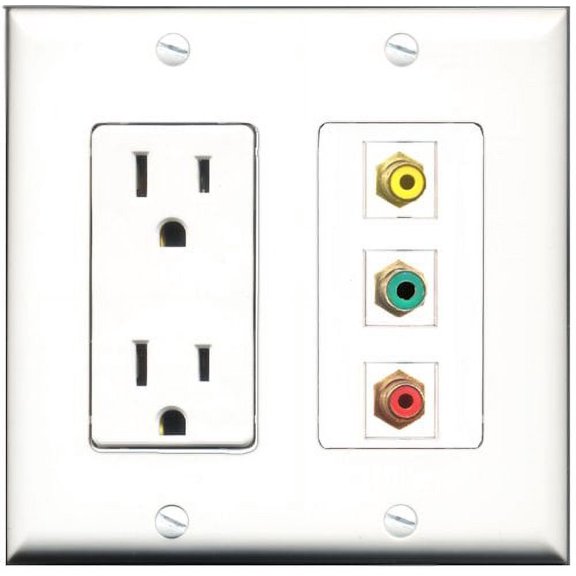RiteAV - 15 Amp Power Outlet 1 Port RCA Red 1 Port RCA Yellow 1 Port RCA Green Decorative Wall Plate