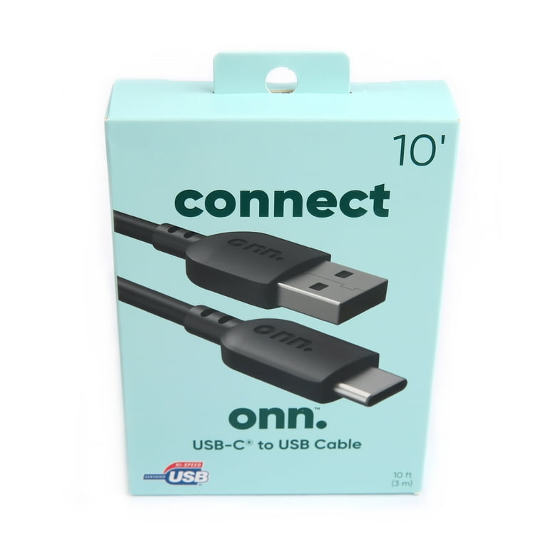 onn. 10ft USB to USB-C Cable, Black, Compatible with USB-C Devices 