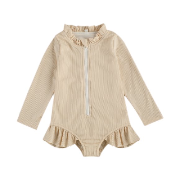 ITFABS Baby Girls Long Sleeve One-Piece Swimsuit, Solid Color Ruffle Zipper Rash Guard Swimwear Bathing Suit
