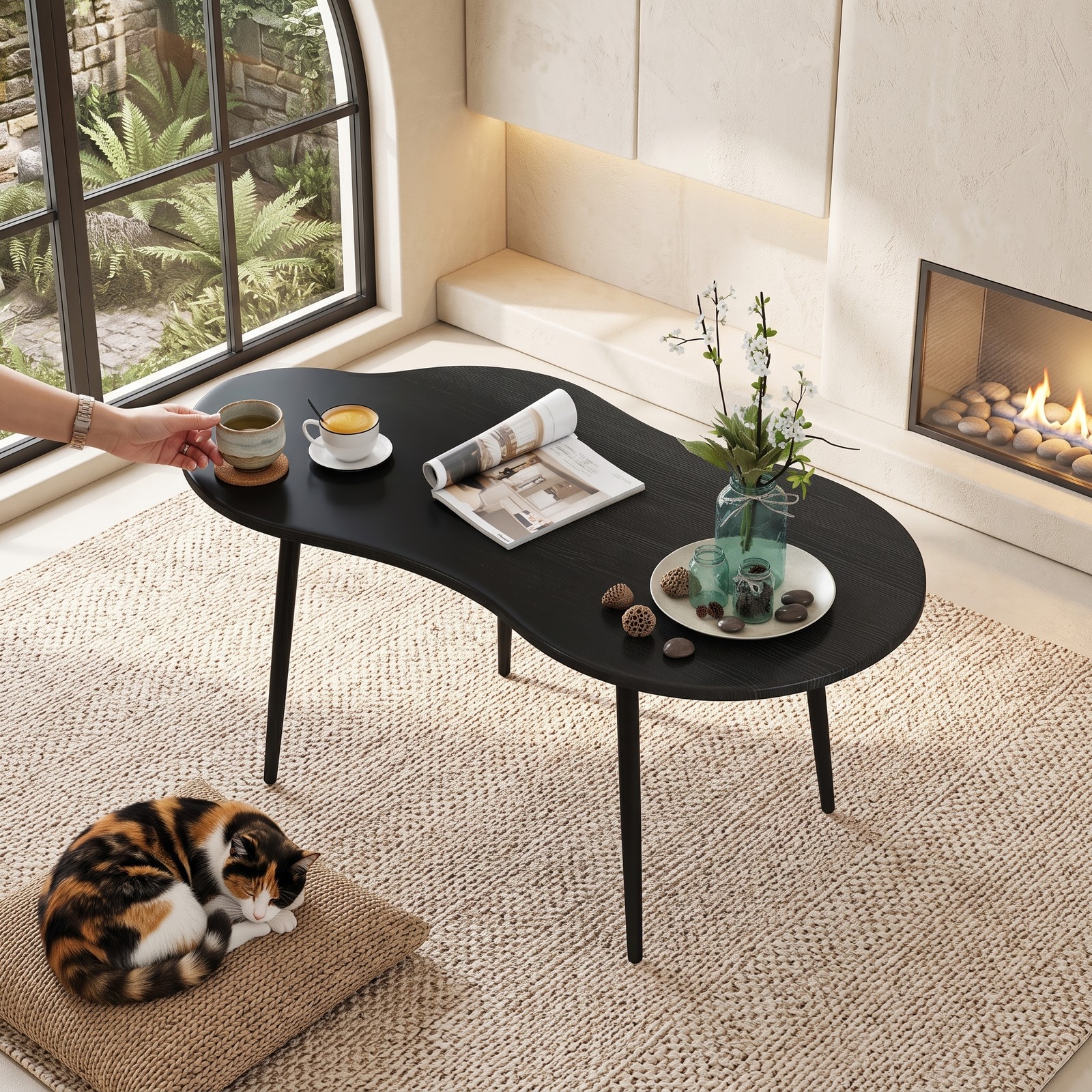 Furnibear Cloud Shape Coffee Table, 39.5 Inch Irregular Free Form Center Table with Durable Metal Frame, Wide Wood Tabletop Modern Accent Side Table for Living, Black