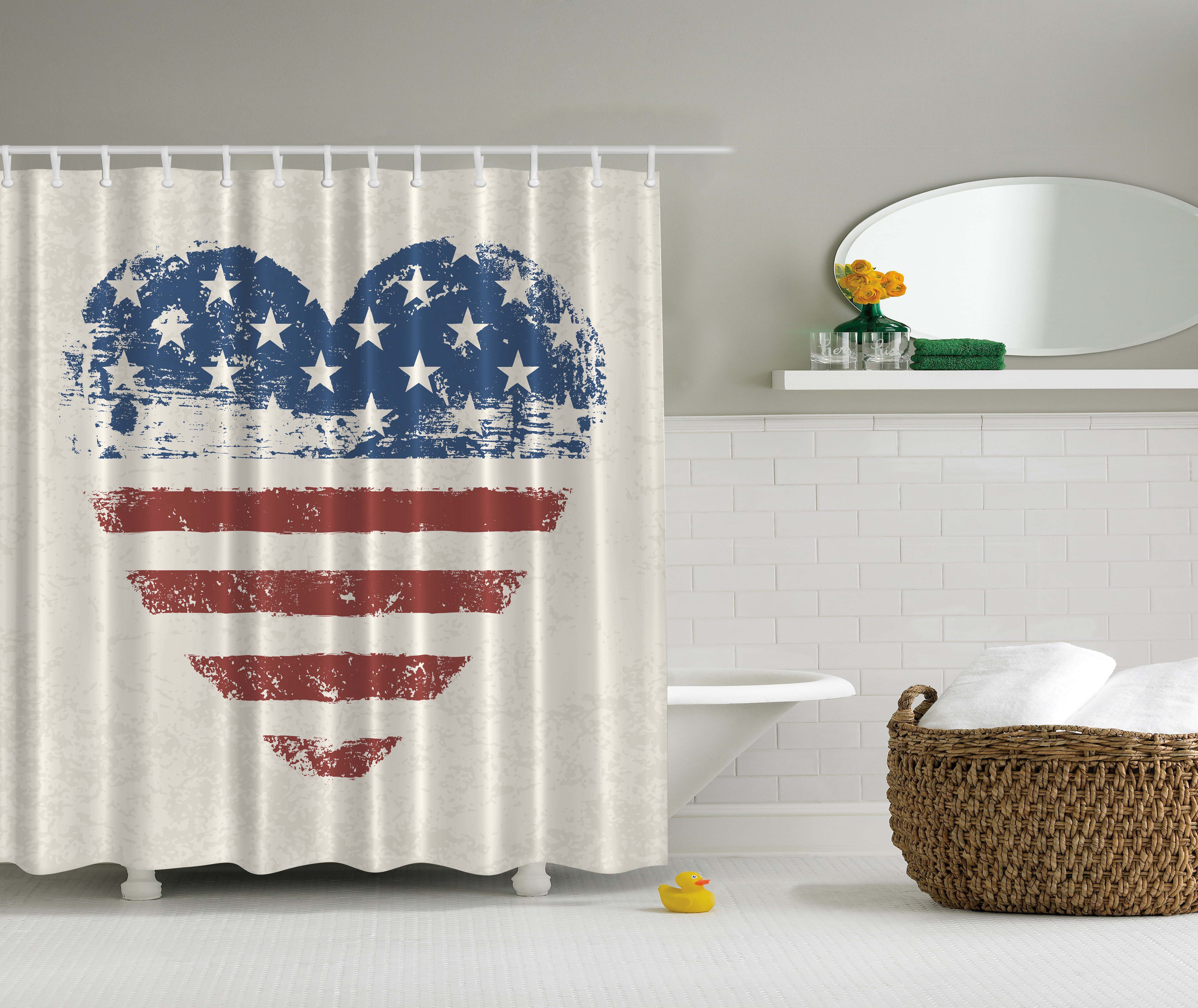 Americana Shower Curtain Set Patriotic Flag USA Print Waterproof Fabric Hooks 