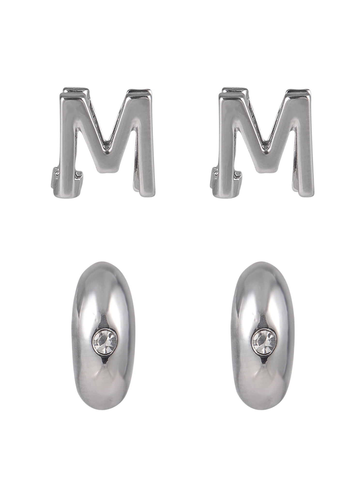 Time and Tru Silvertone 3-On Crystal Stud, Hoop, Initial "M" Earring Set