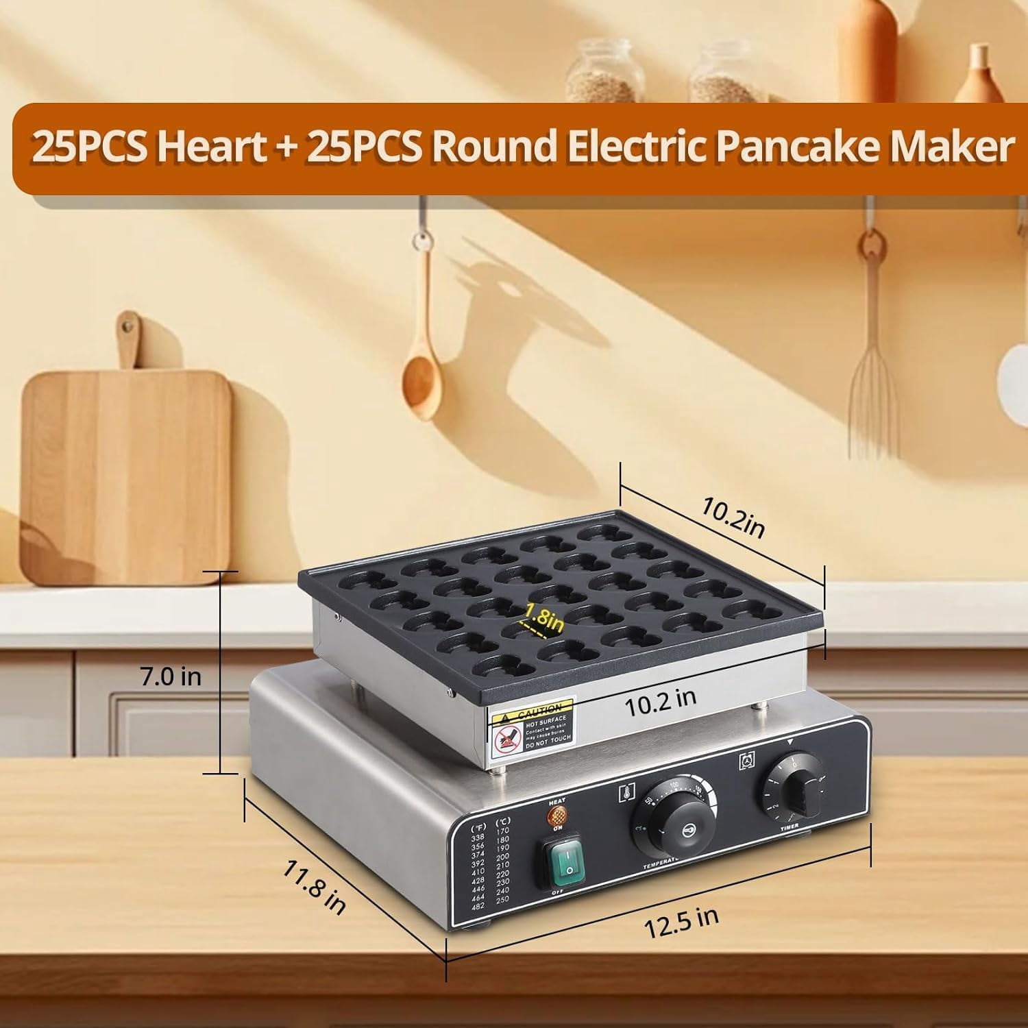 Kicctian Mini Pancake Maker, 25-Hole 1.8" Round & 1.6" Heart Nonstick Waffle Maker, Adjustable Temperature, 850W