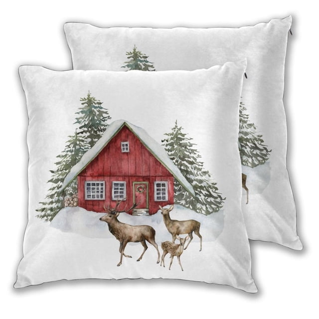 Juego de 2 fundas de almohada decorativas para decoración del hogar, 18.0 x 18.0 in, diseño de árbol de Navidad, ciervos, granja, granero
