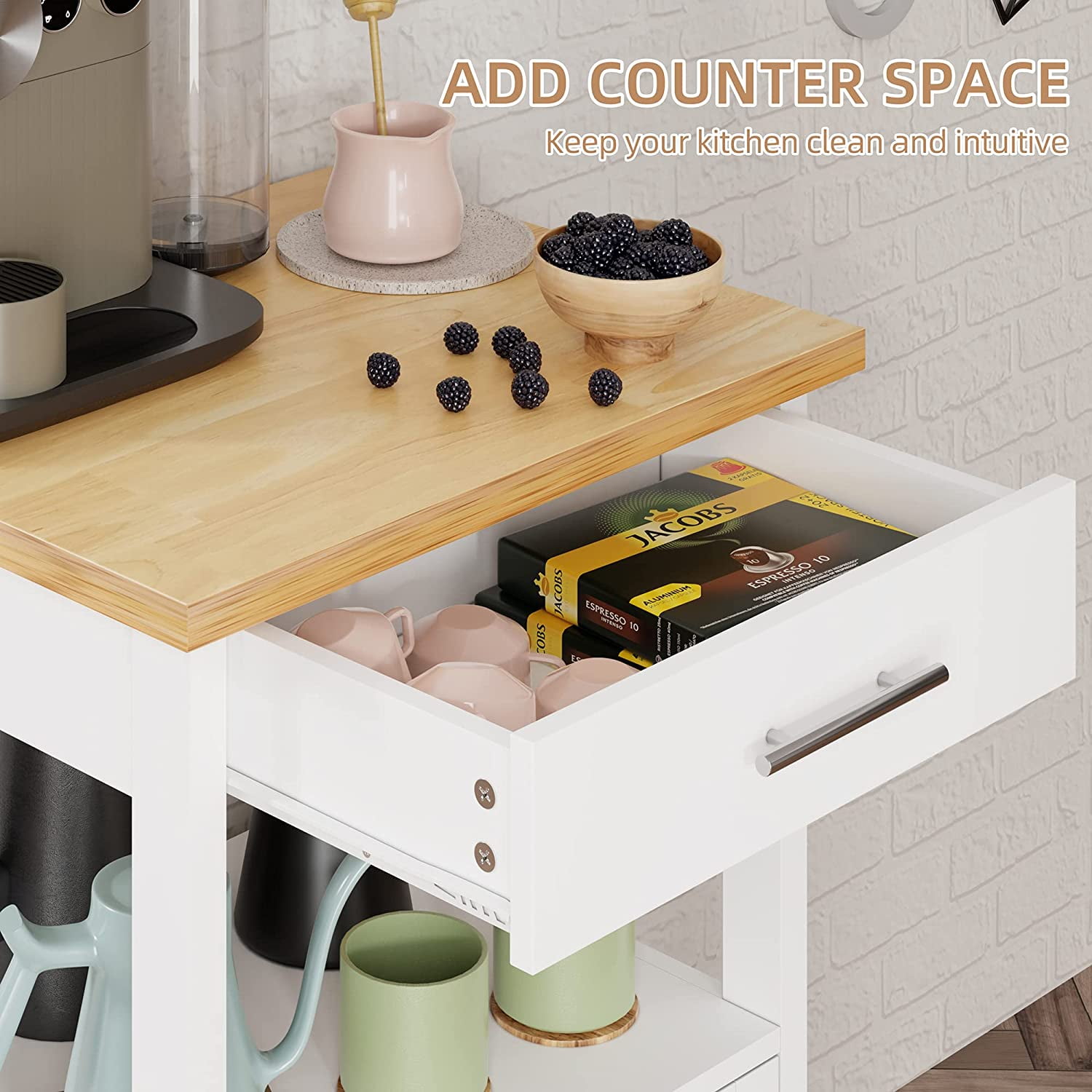 Sobaniilo Kitchen Island Cart with Storage,Rolling Kitchen Island Side Table on Wheels with Worktop,Single Door Storage Cabinet and Drawer for Kitchen,Dinning Room, White