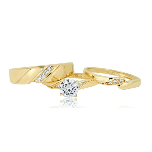 AVORA 10K Yellow Gold 1 Carat Solitaire Simulated Diamond CZ  Engagement Wedding Band Trio Ring Set