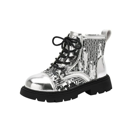 Toddler Boots Girl Leather Hiking Snow Boots Little Kid Shoes With Toddler Combat Boots Flats Classic Casual Walking Work Boot Fall Winter Silver 26
