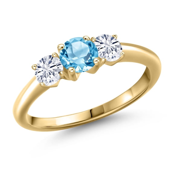Gem Stone King 10K Yellow Gold Swiss Blue Topaz and White Moissanite Engagement Ring for Women | 1.11 Cttw | Round 5MM | Gemstone November Birthstone | Size 5