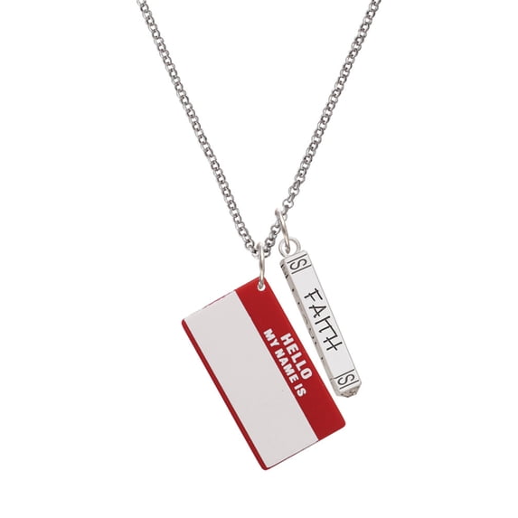 Delight Jewelry Acrylic Red "Hello" Name Tag Silvertone Believe Faith Prayer Hope Bar Charm Necklace, 23"