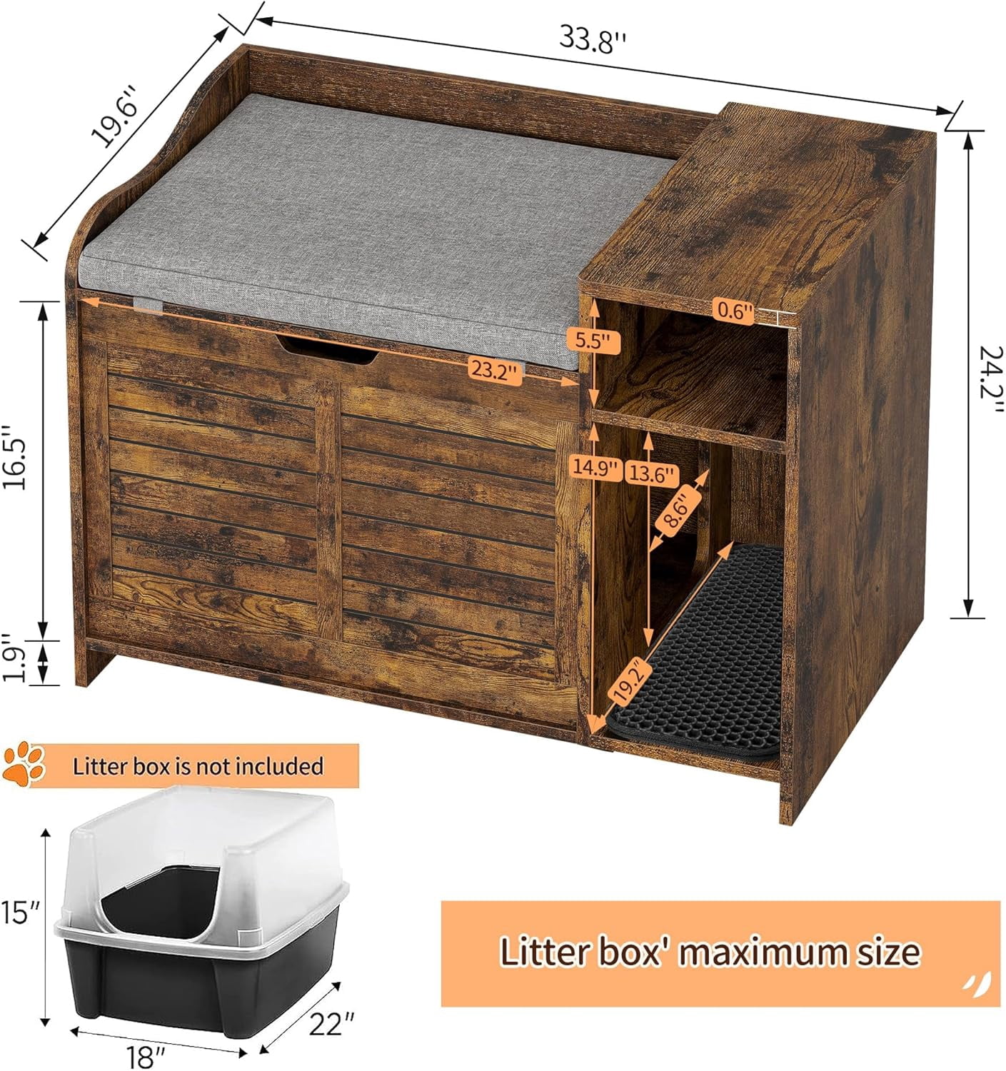 Hidden Cat Litter Box Furniture, Flip-Top Entryway Bench with Storage & Ventilation