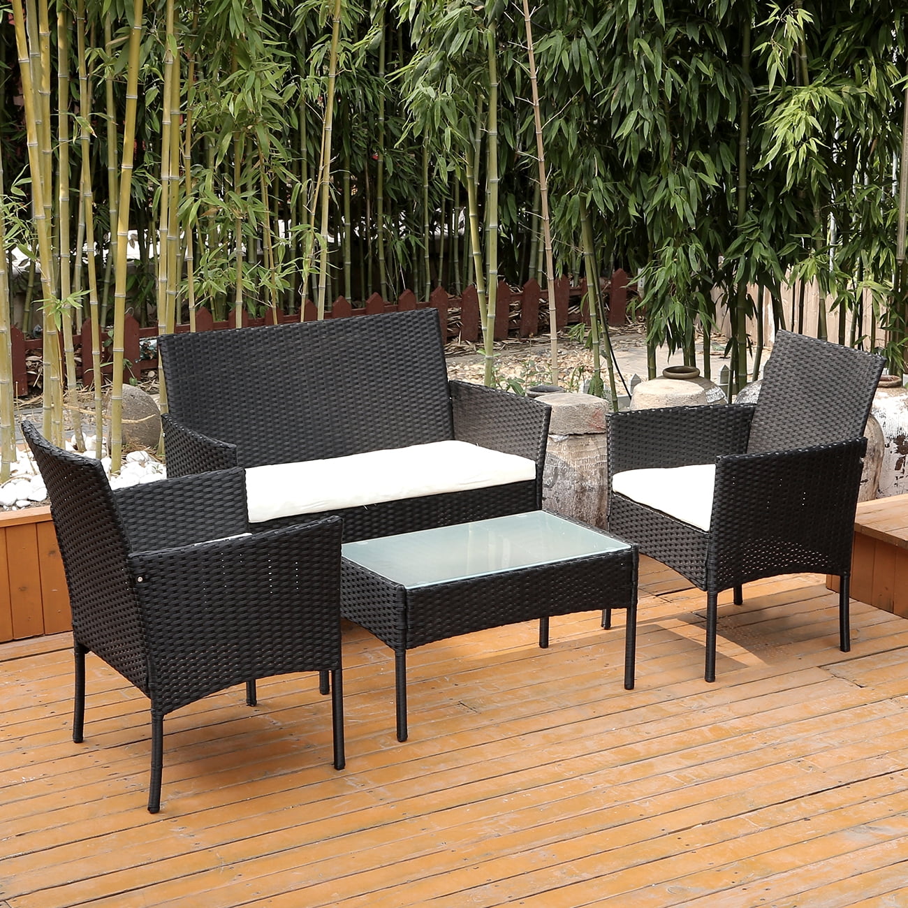 4 Pieces Wicker Patio Set 4 Wicker Dine Patio Set PE Rattan Table and