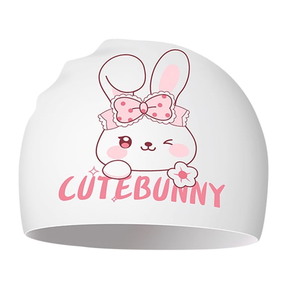 Krdevn Kids Cute Bunny Print Swim Cap, Blue Silicone Waterproof Hat Size:5-12 Years