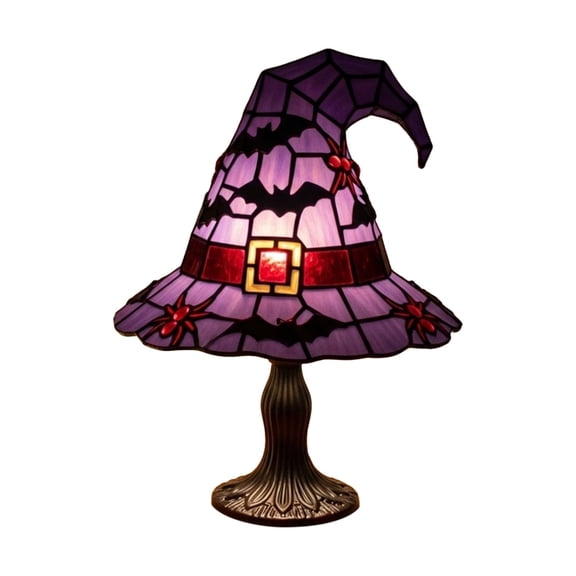 Stained Glass Witch Hat Lamp Gothic Decor, Vintage Witchy Halloween Night Lights with Bat, Goth Table Lamps for Night Stands, Bedroom, Living Room, Office, Halloween Decorations