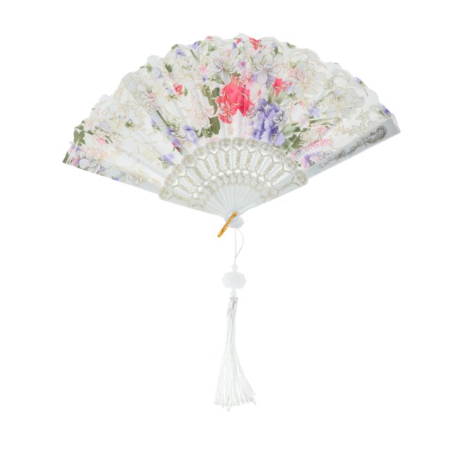 Ofertas Únicas 1 Pc Abanico Plegable de Tela de Seda Blanca con Estampado Floral y Borlas para Máscara