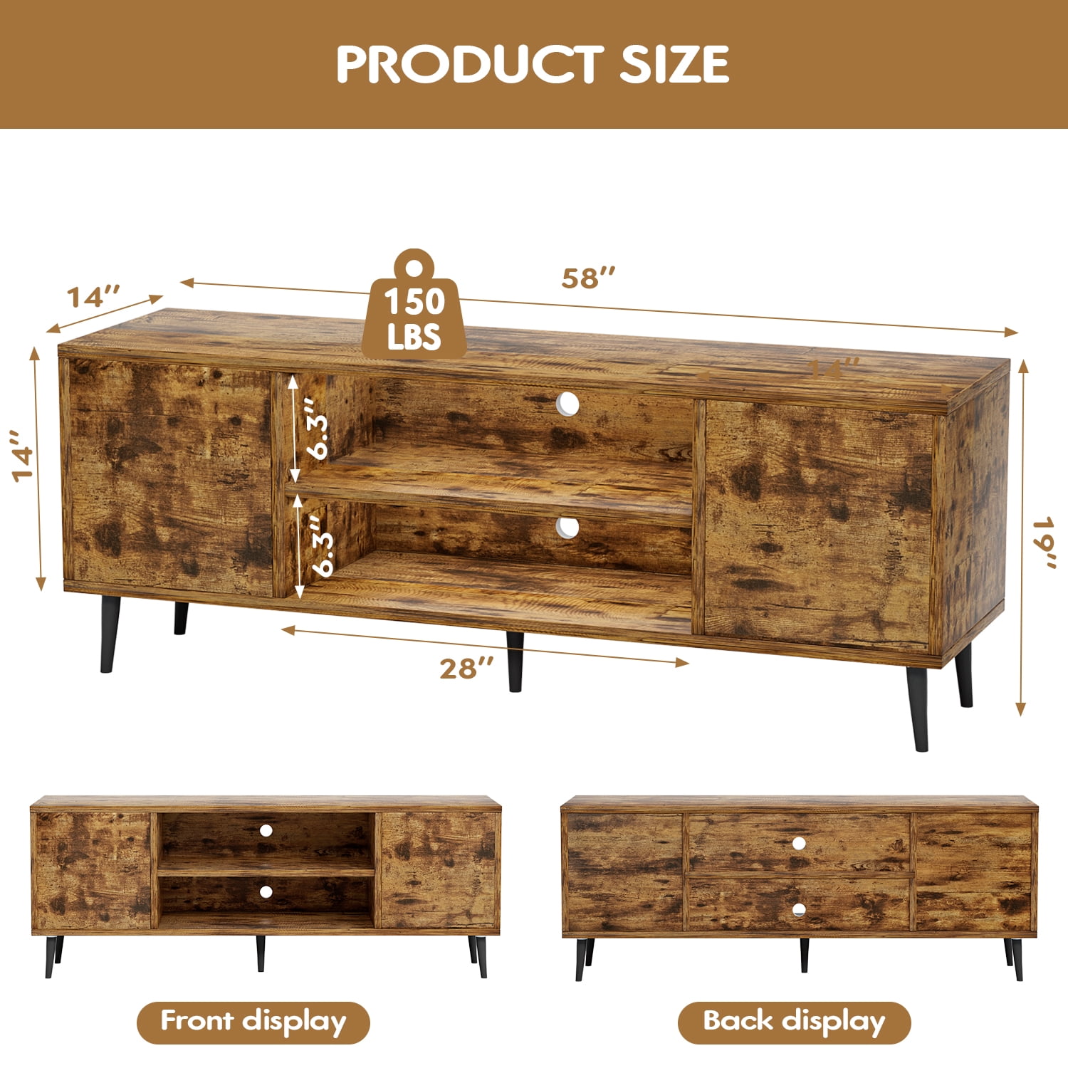 Furmax Mid-Century 2-Door TV Stand for TVs up to 65", Rustic Oak