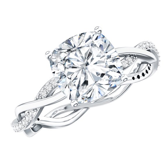 Rosec Jewels Cushion Cut Moissanite Ring for Engagement - Designer Ring (8 mm, 3 Carat, D-VS1 Quality Certified), 925 Sterling Silver, US 4.00