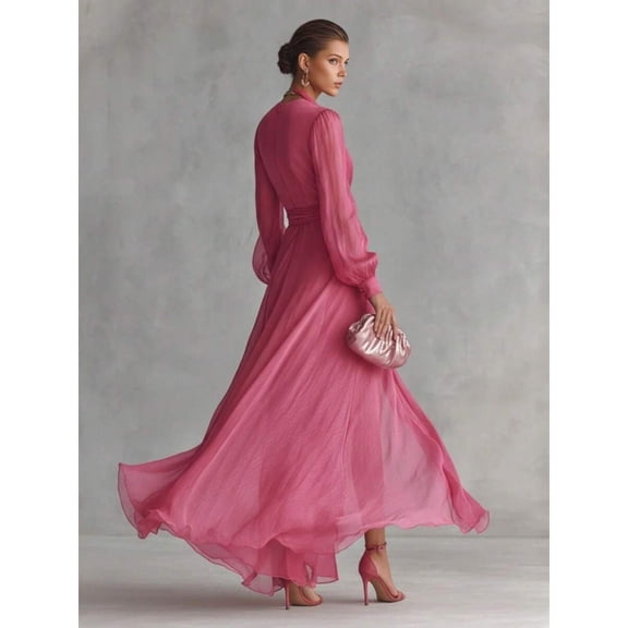 Elegant Pink Long Mesh Bishop Sleeve Dress With Flared Hem And Stand Collar