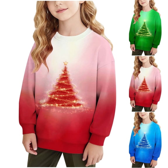 MKOSPLRT Xmas Tree Sweatshirts Kids Girls Boys 1-15Y Marry Christmas Crew Neck Pullover Long Sleeve Gradient Fleece Sweat Shirts