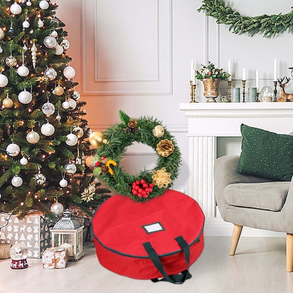 Oxford Fabric Round Wreath Storage Bag - Single Layer Dustproof Waterproof Storage Cover for Christmas Easter Party Decoration Storage Protection Use, Durable Home Supplies Organizer, 24*36in, Red