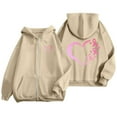 thumbnail image 4 of Zip Up Hoodie Women Oversized Y2k Pink Ribbon Printed Sweatshirt Casual Long Sleeve Fleece Jacket Lightweight Fall Hoodies with Pockets (Beige, L), 4 of 6