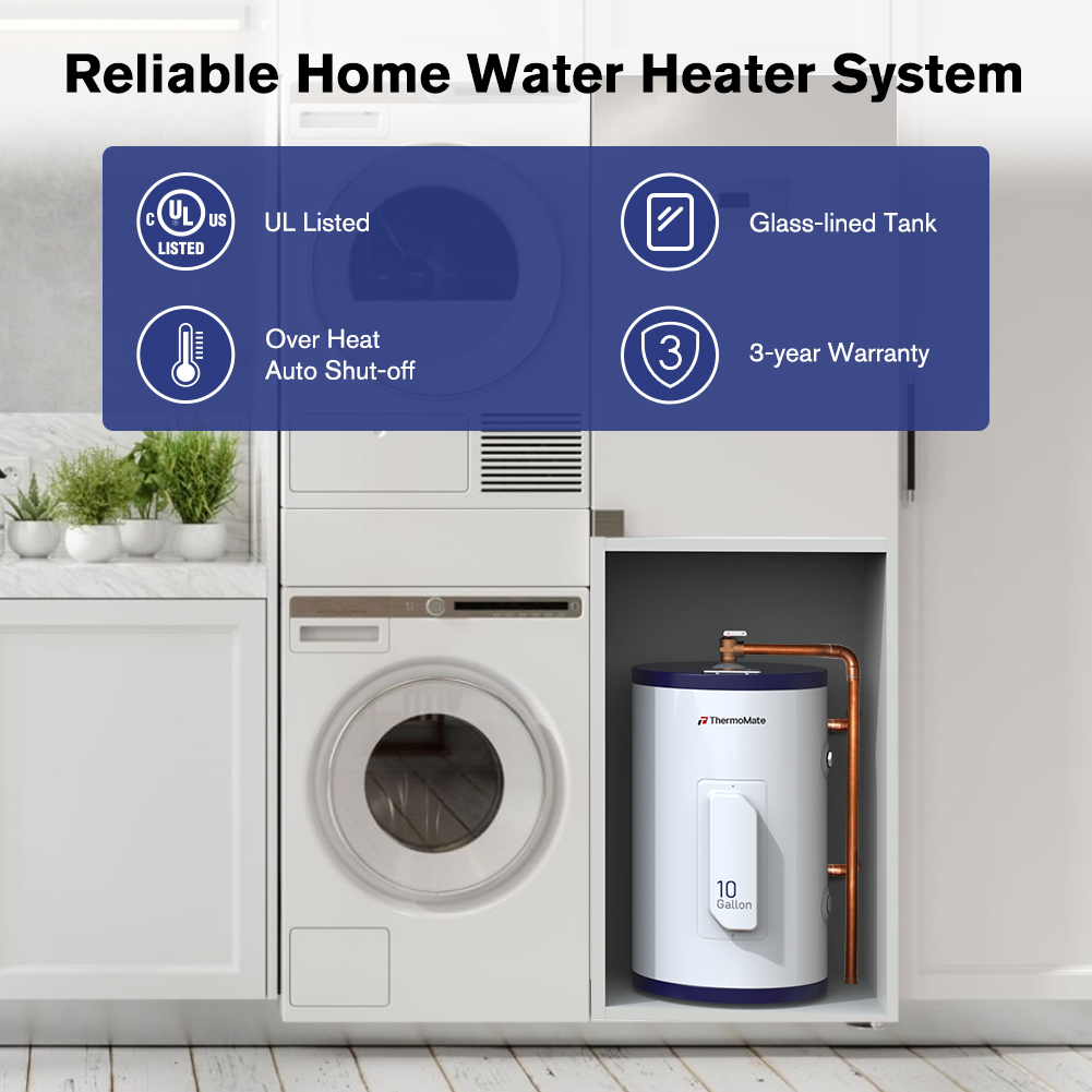 Thermomate 10 Gallon Point of Use Hot Electric Tank Water Heater, 120V 1500W, Adjustable Thermostat, UL Listed