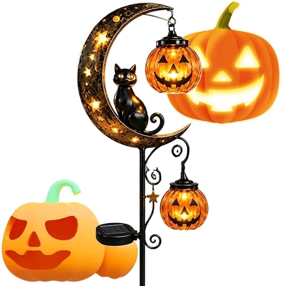 Solar Halloween Black Cat & Pumpkin Moon Garden Stake Light,Halloween Witch Cauldron Garden Light,Decorations with Pumpkins Lantern, Outdoor Lawn Stake Decor for Yard Pathway Patio ...
