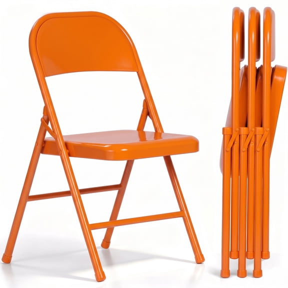 VECELO Set of 4 Metal Folding Chairs with Triple Braced & Double Hinged Back, Orange